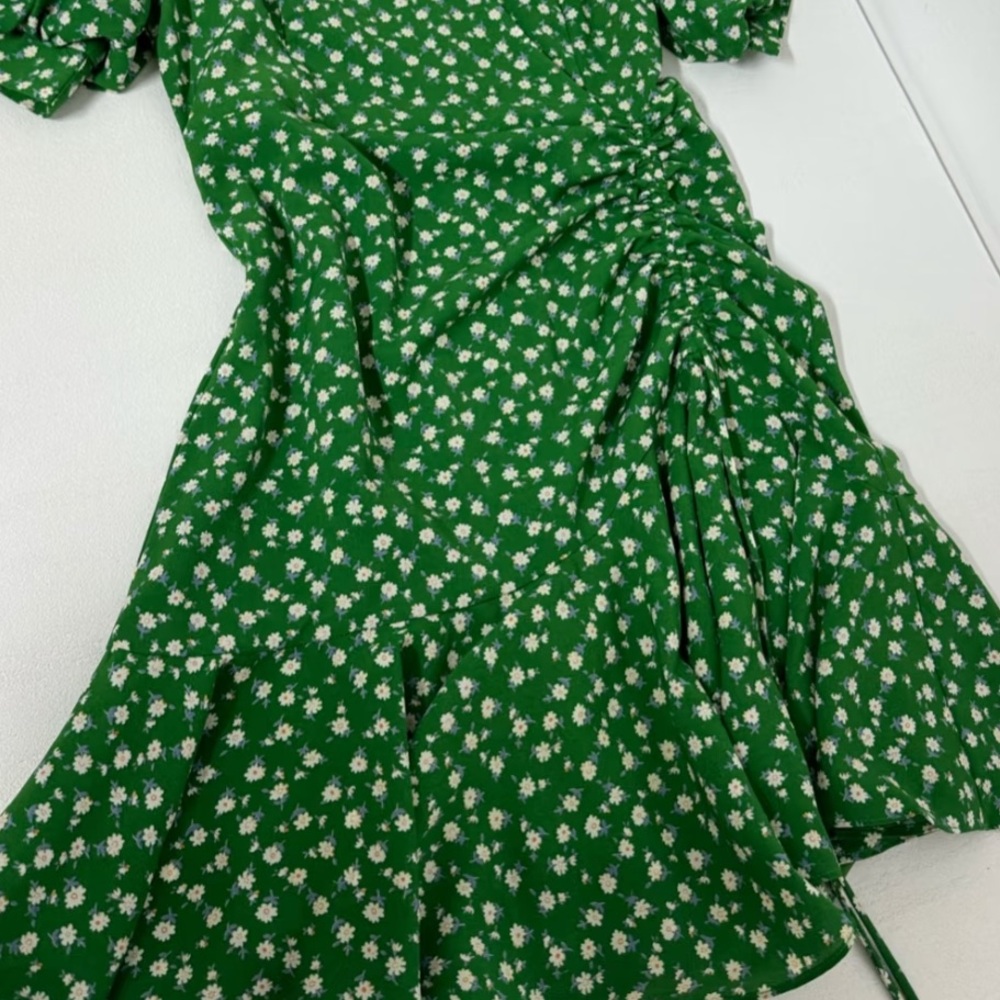 Green Ruffled Wrap Mini Dress with Puff Sleeves